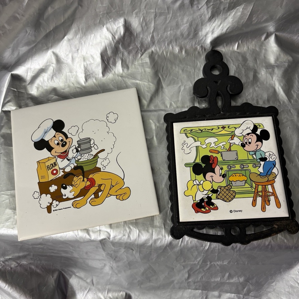 Vintage Walt Disney Mickey Minnie Cast Iron Tile Trivet Set Kitchen Decor